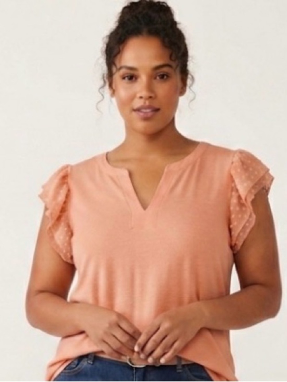 Lane Bryant Peachy Blouse with Sheer Polka Dot Sleeves NWOT